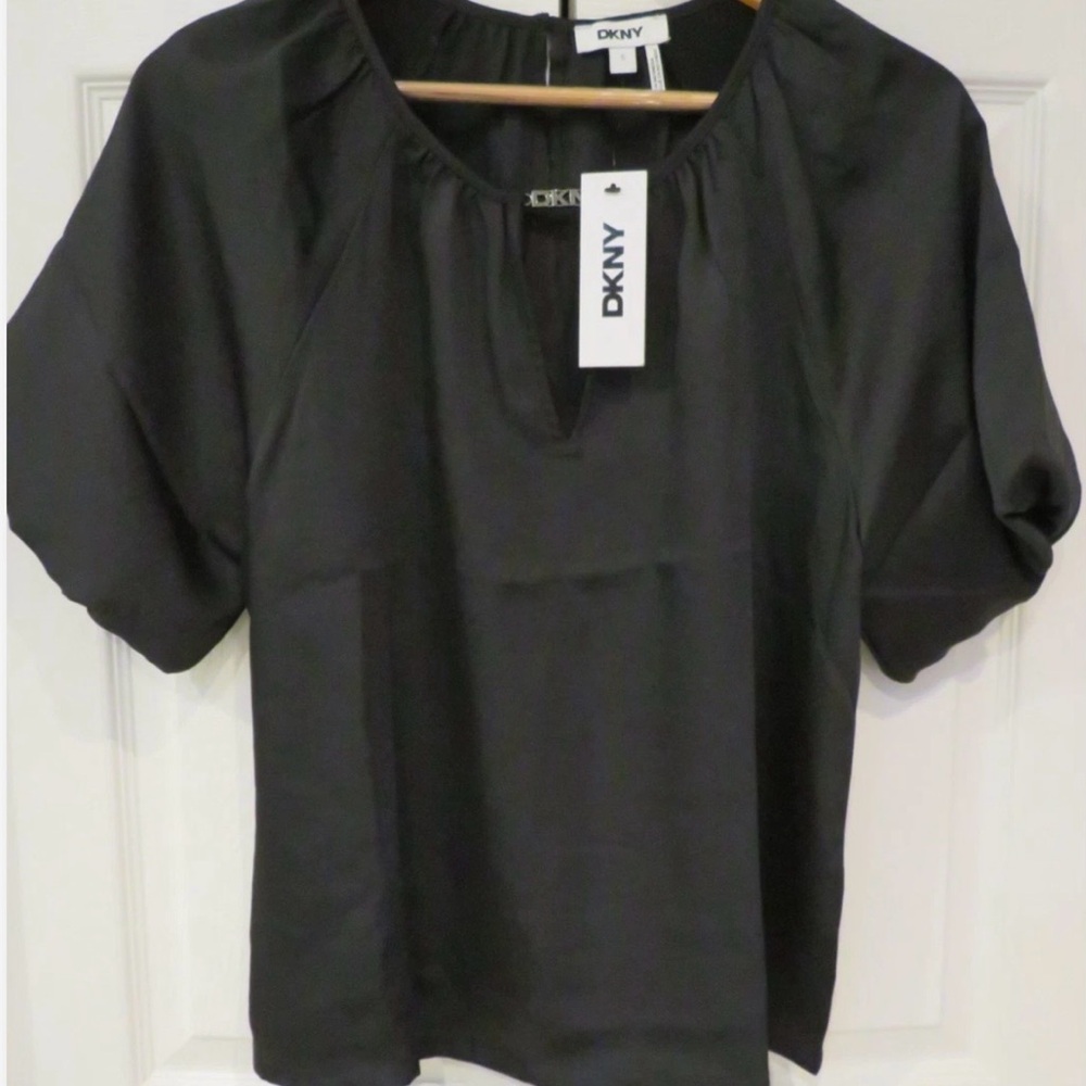 DKNY Logo BLACK Satin Blouse Baloon Sleeve 2X NWT